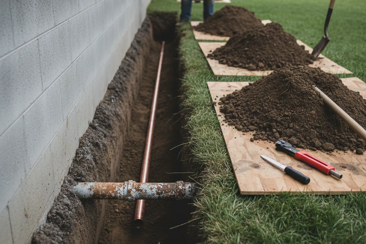 Excavated water line trench during Sewer Line Repair in Saint Helens